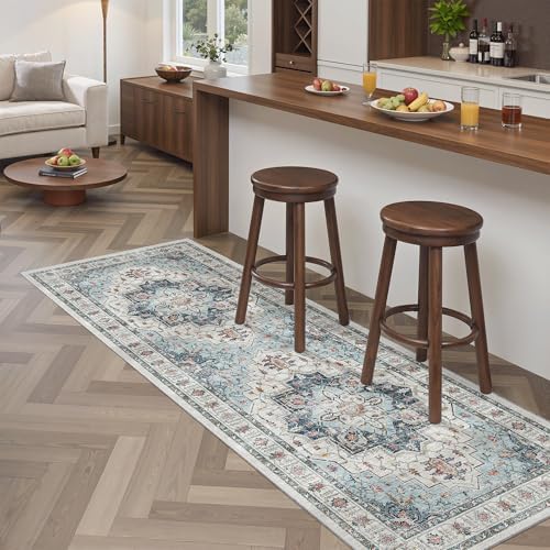 Madane Blue Runner Rug, 2x5, Low-Pile, Non-Slip, Washable, Stain Resistant, Retro, Machine-Made, Microfiber, Floral, Kitchen, Living Room, Bedroom, Laundry Room - Image 2