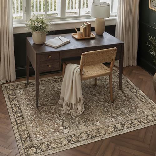 HUGEAR 4x6 Brown Vintage Floral Washable Area Rug for Entryway by HUGEAR