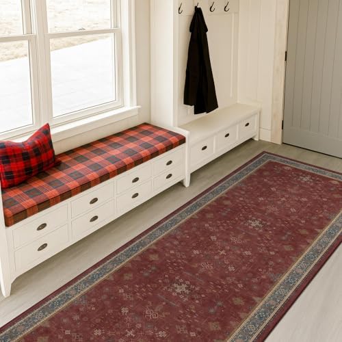 Red 2x8 Long Hallway Runner Rug - Boho Washable Indoor Front Door Mat for Entryway, Non Skid Rugs for Kitchen, Vitange Geometric Floral Low Pile & Soft Runner Carpet - Image 3