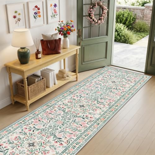 PLHXFR 2.6x14 Washable Runner Rug：Floral Indoor Kitchen Carpet Green Beige - Image 2