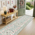 PLHXFR 2.6x14 Washable Runner Rug：Floral Indoor Kitchen Carpet Green Beige - Image 2