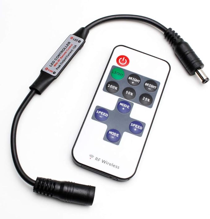 RF Mini Wireless Remote Controller for Single Color 3528 5050 LED Strip Lights, Wireless Remote Control with DC Connector, RF Dimmer for 12V DC LED Ribbon, Shelf Lights