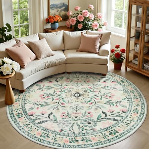 PLHXFR Round Area Rug Living Room: 8 ft Floral Washable Carpet Green Beige by PLHXFRSoftAreaRugs