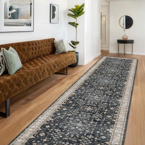 Hazo Haus Black Boho Washable 3x12 Extra Long Runner Rug for Hallway, Waterproof Large Kitchen Floor Rug, Non-Slip Stain & Fade Resistant, Vintage Floral Decor by HazoHaus