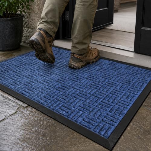Mibao Front Door Mat Outdoor Entrance, 36" x 17" Heavy Duty Welcome Mat for Outdoor and Indoor, Waterproof Dirt Trapper Doormat, Super Absorbent Indoor Entryway Mat for Patio & Porch - Blue by Mibao