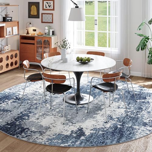 Blue Round Rugs 6ft Washable Circle Area Rug for Entryway Kitchen, Non Slip Soft Low Pile Stain Resistant, Boho Circular Carpet for Living Room Bedroom Dorm Dining Room Table, Abstract Navy - Image 2