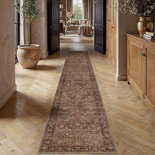 HUGEAR 2'6''x12' Brick Red Vintage Floral Washable Runner Rug for Hallway - Image 2