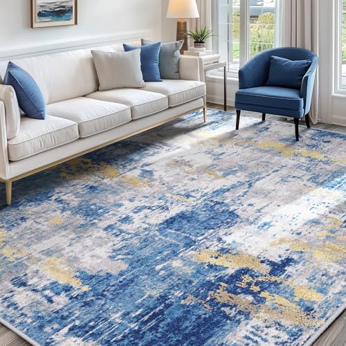 RELEANY Washable 6'x9' Abstract Area Rug for Living Room Blue Gold by RELEANY