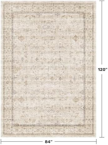 Farmhouse Rugs for Living Room 7x10, Low Pile Soft Retor Foldable Area Rug for Bedroom, Dining Room, Non Slip with Rubber Backing, Light Beige Vintage Home Décor, Geometric Floral Carpet - Image 2