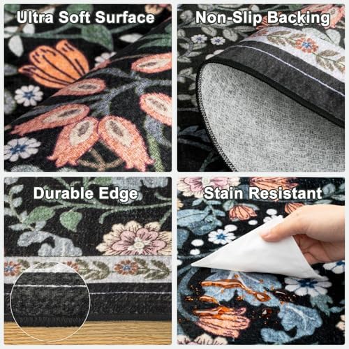 PLHXFR Area Rug Living Room: 5x7 Floral Washable Boho Carpet Dark Black - Image 7