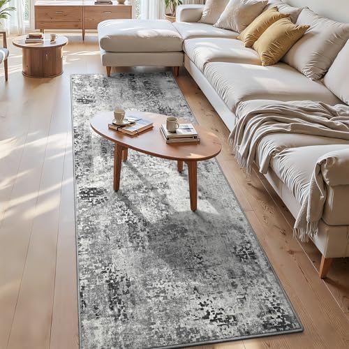 3x8 Grey Rug Runners for Hallways Kitchen Runner Rug Non Slip Washable Black Long Runner Rugs with Rubber Backing Soft Abstract Carpet Runner for Bedroom, Kitchen, Bathroom, Entryway by OmpaaHomeDecor