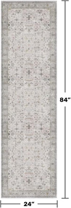 Hazo Haus Washable 2x7 Runner Rug for Bathroom, Vintage Boho Light Gray & Sage Runner Rug for Hallway, Kitchen, Door Mat Indoor Entrance, Bedroom Beside Bed, Non-Slip Low-Pile Stain Resistant - Image 2