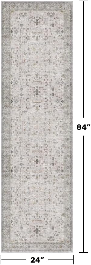 Hazo Haus Washable 2x7 Runner Rug for Bathroom, Vintage Boho Light Gray & Sage Runner Rug for Hallway, Kitchen, Door Mat Indoor Entrance, Bedroom Beside Bed, Non-Slip Low-Pile Stain Resistant - Image 2