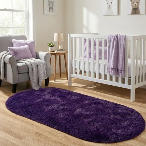 2.6x5.3 Grape Purple Fluffy Soft Oval Rug Non-Slip for Bedroom Dorm Hallway - Image 3