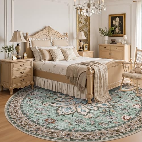 Round Area Rug for Living Room: 8ft Boho Washable Rug Brown Green - Image 4