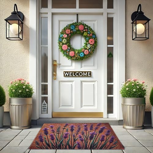 Floral Front Door Welcome Mat, Aesthetic Cute Flower Doormat, Non-Slip Outdoor Entryway Rug,19”x 31" (12.Lavender Leaf) - Image 2