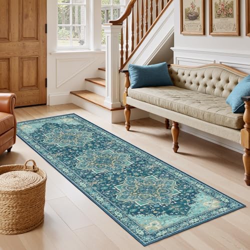 Amada Vintage Washable Area Rug,2'x6',Teal Blue by AMADAHOMEFURNISHING