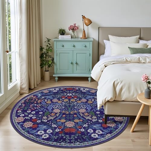 PLHXFR Round Area Rug Living Room: 6 ft Floral Washable Soft Carpet Blue - Image 3