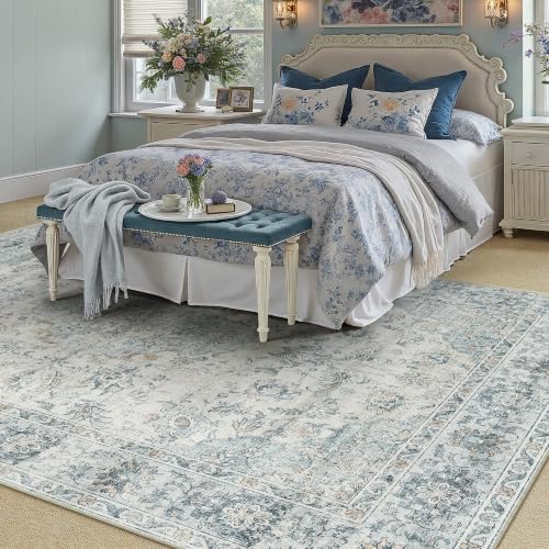 HUGEAR 5x7 Light Blue Retro Floral Washable Area Rug for Living Room - Image 2