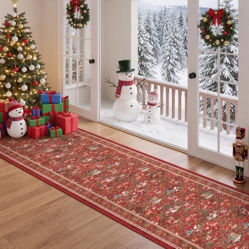 2x10 Christmas Runner Rug for Hallway,Washable Kitchen Rugs,Red - Image 4