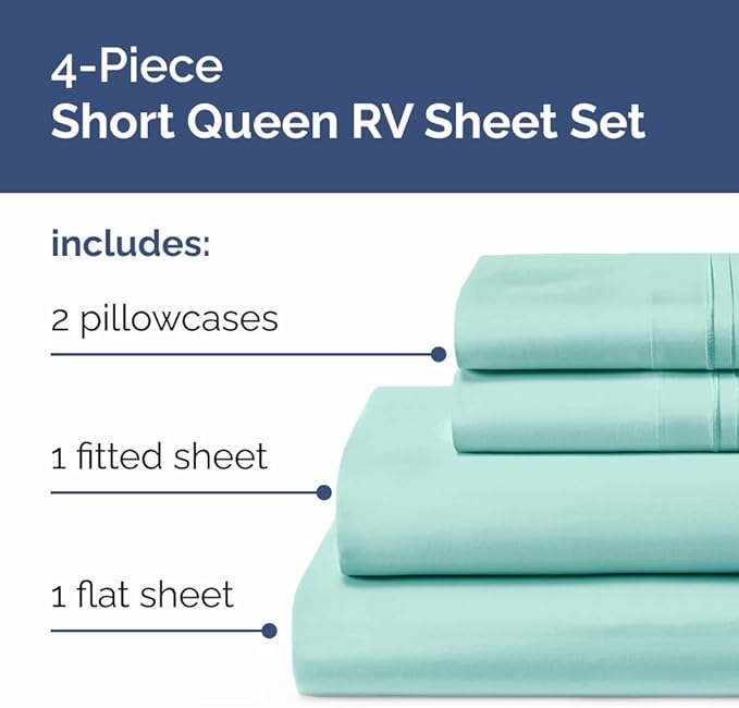 RV Short Queen Sheet Set 60 X 75 - 4 Piece RV Short Queen Bed Sheets - Soft, Breathable and Cooling - Designed for Bunks, Trailers & Campers - Fits 8” to 12" Mattress - Hotel Luxury Bedding - Spa Blue