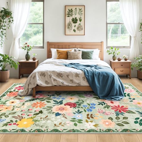 PLHXFR Area Rug Living Room: 5x7 Floral Washable Boho Soft Carpet Green - Image 3