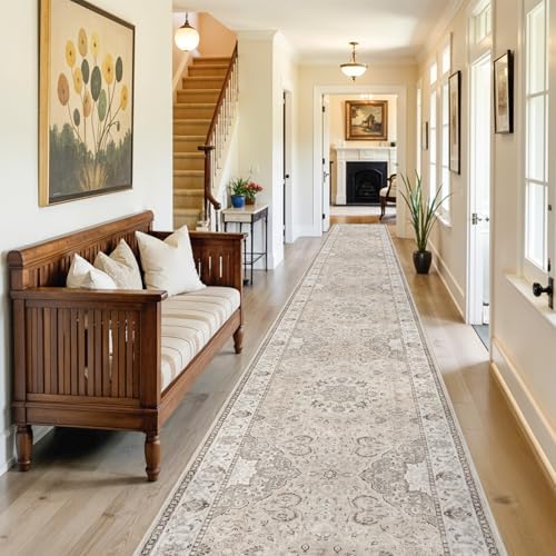 Hallway Washable Runner Rug - 3x16 Kitchen Rugs Entryway Rug Runner Vintage Soft Floor Mat Non Slip Indoor Farmhouse Carpet for Bathroom Living Room Bedroom (3 X 16, Beige) - Image 6