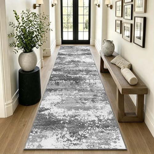 12 FT Extra Long Runner Rug for Hallway Washable, 2.6x12 Large Kitchen Floor Runners Non Slip, Entryway Runner Carpet Low Pile Stain & Fade Resistant, Abstract Gray by Acapet