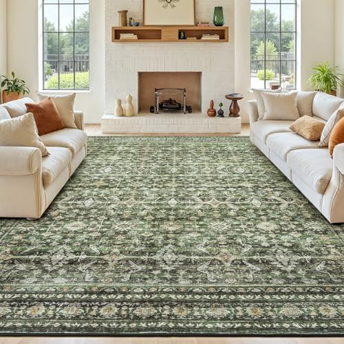 10x14 Area Rugs for Living Room, Green Washable Non-Slip Large Carpet by Lofus