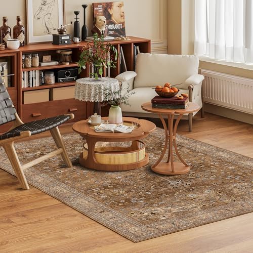 Washable Area Rug 4' x 6' Vintage Traditional Persian Mat - Foldable Distressed Non-Slip Machine Washable Carpet for Living Room Bedroom Kitchen Home Decor - Bronze and Ivory - Image 2