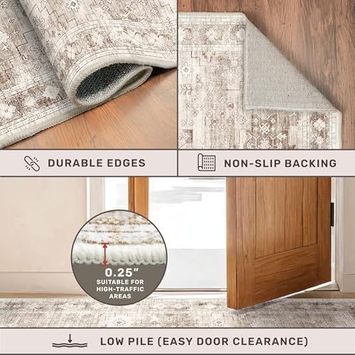 Washable Farmhouse Living Room Rug, 9x12 Area Rugs for Bedroom, Dining Room Under Table Carpet, Kids Room, Large Boho Vintage Non-Slip Floral Rugs Low Pile Stain Resistant (9x12 Beige/Latte) - Image 5