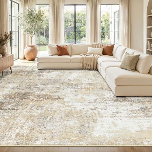RELEANY Washable 9'x12' Abstract Area Rug for Living Room Neutral Brown by RELEANY