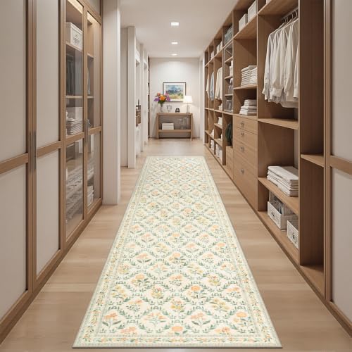 PLHXFR 2.6x10 Washable Runner Rug：Floral Indoor Kitchen Carpet Beige Multi - Image 5