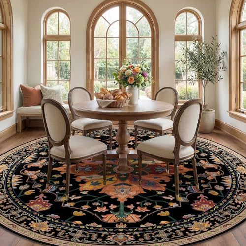 RELEANY Washable Area Rug, Round 10ft, Black/Colorful - Image 3