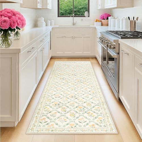 PLHXFR 2x6 Washable Runner Rug：Floral Indoor Kitchen Carpet Beige Multi by PLHXFRSoftAreaRugs