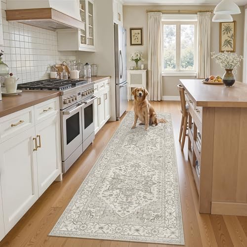 Madane Kitchen Runner Rug 2x7 with Rubber Backing Non Slip, Beige/Brown - Image 4
