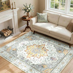 RELEANY Washable Area Rug, 4'x5', Beige/Carbon Grey/Orange by RELEANY
