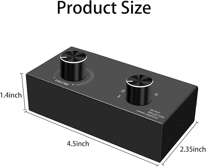 6-Way Audio Switcher, 3.5mm (1/8") Stereo Audio Switcher, Plug & Play Compatible with PC, Laptop, MP3, MP4, Headphone, Game System ect. (6 in-1 Out)