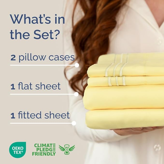 Full XL Bed Sheet Set - 4 Piece Extra Long Extended Full XL Sheets - Soft, Breathable & Cooling - Fits 8" to 16" Mattress w/ Deep Pockets - 54" x 80" - Easy-Fit, Wrinkle and Fade Resistant - Yellow