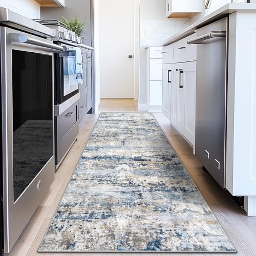 pmtsns Area Rugs 2x8 Runner Rug: Washable Hallway Rug Modern Abstract Neutral Soft Non-Slip Low-Pile Indoor Carpet for Kitchen Bedside Entrance Laundry (Blue Grey Brown, 2'x8') by pmtsns