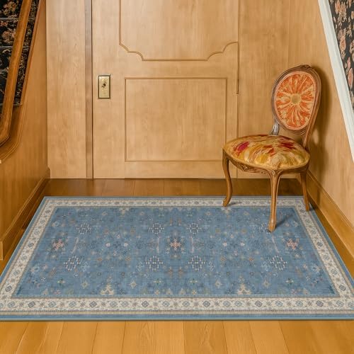 Blue 2x4 Runner Rug for Entryway Indoor, Kitchen Floor Waterproof, Bathroom, Powder Room, Washable Non Slip Low Pile Stain & Fade Resistant, Modern Eclectic Floral Decor - Image 6