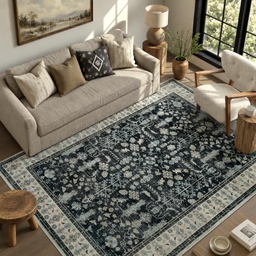 5x7 Area Rug for Living Room, Non-Slip Washable Large Carpet, Black Brown by Lofus