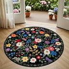 PLHXFR Round Area Rug Living Room: 4 ft Floral Washable Soft Carpet Black - Image 2