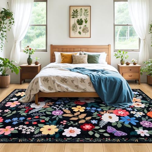 PLHXFR Area Rug Living Room: 4x6 Floral Washable Boho Soft Carpet Black - Image 3
