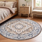 Lofus 4ft Round Area Rugs for Living Room, Vintage Boho Carpet Floral Brown - Image 2