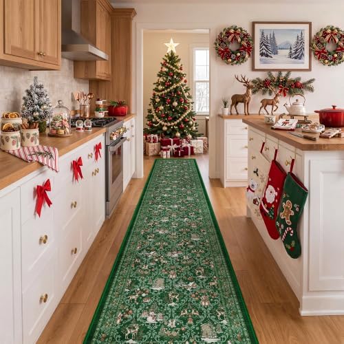 2x10 Christmas Runner Rug for Hallway,Washable Kitchen Rugs,Green - Image 5