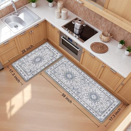 Boho Kitchen Mats for Floor 2PC Anti Fatigue Kitchen Rugs, Blue Grey - Image 2