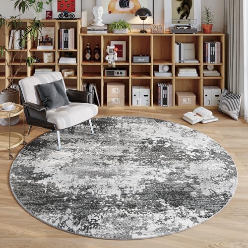 Round Area Rugs 4ft Washable Grey Circle Rug for Entryway Kitchen, Non Slip Soft Low Pile Stain Resistant, Boho Circular Carpet for Living Room Bedroom Dorm Dining Room Table, Abstract Gray by Acapet