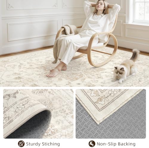 Round Area Rug Living Room: 6ft Washable Carpet Beige White - Image 7