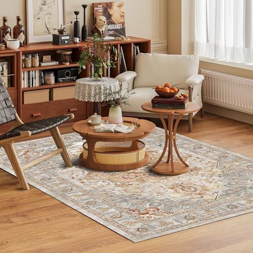 Washable Area Rug 8' x 10' Vintage Traditional Persian Mat - Foldable Distressed Non-Slip Machine Washable Carpet for Living Room Bedroom Kitchen Home Decor - Dove Gray and Coral - Image 2